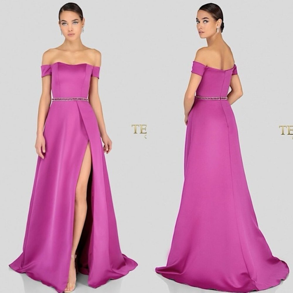 NEW Glamour Terani Couture Pink Fuchsia Off The Shoulder Beaded Gown Dress Prom - Picture 14 of 14